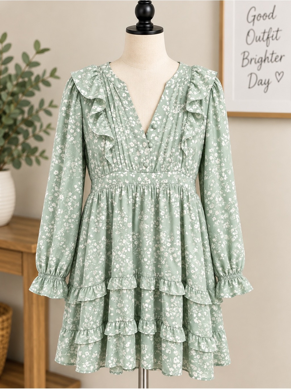 Ruffled V-Neck Mini Dress in Sage Green